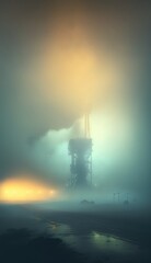 Oil platform surrounded with smoke and fog. Pollution concept. Generative ai.