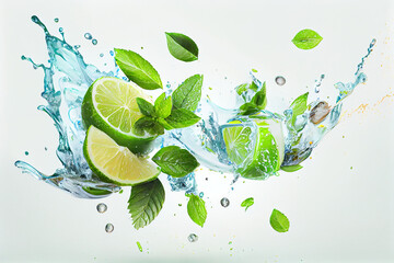 Water splash on white background with lime slices, mint leaves and ice cubes. generative ai