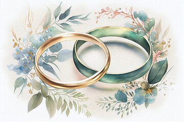 Wedding rings and flowers. Watercolor. generative ai