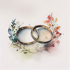 Wedding rings and flowers. Watercolor. generative ai