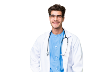Young doctor man over isolated background laughing