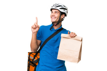 Young caucasian man taking a bag of takeaway food over isolated background pointing up a great idea