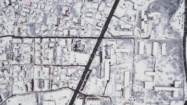 Winter Snow City Etreme Cold Steady Top Down rone Aerial Cold Sofia Bulgaria