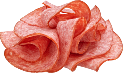 Sliced salami sausage isolated on white background with clipping path, full depth of field
