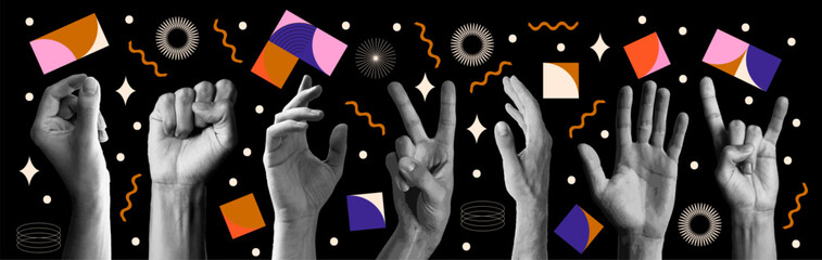Collage element with hands and doodle element. Vintage vector set. Retro halftone effect. The gesture of  greeting, rock, peace.
