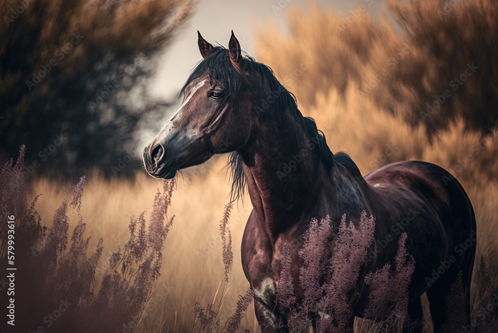 Poster daylight capture of a herd of wild horses in a field generative ai