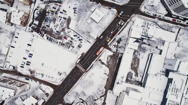 Winter Snow City ntersection University Campus Rise Rotate Right Top Down rone Aerial Cold Sofia Bulgaria