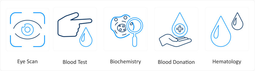 A set of 6 Medical icons as eye scan, blood test, biochemistry