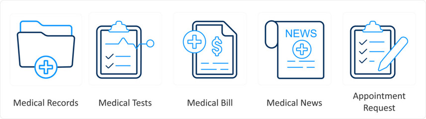 A set of 6 Medical icons as medical records, medical tests, medical bill