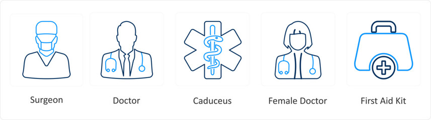 A set of 6 Medical icons as surgeon, doctor, caduceus