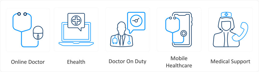 A set of 6 Medical icons as online doctor, e health, doctor on duty