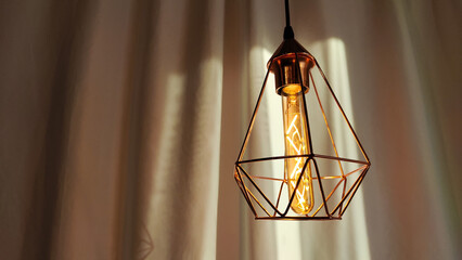 Metal geometric gold lamp chandelier lamp in loft style and curtains
