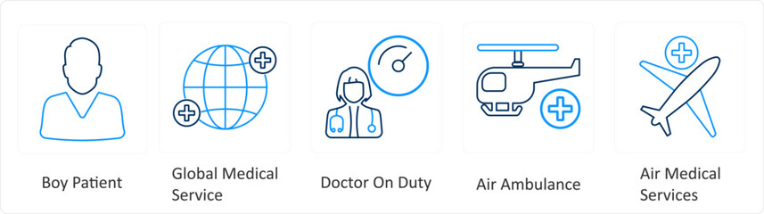 Obraz na płótnie Canvas A set of 6 Medical icons as boy patient, global medical service, doctor on duty