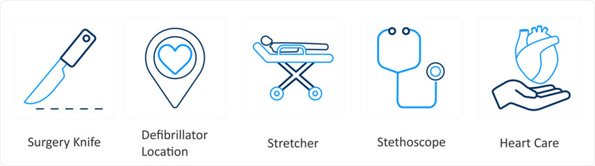 A set of 6 Medical icons as surgery knife, defibrillator location, stretcher