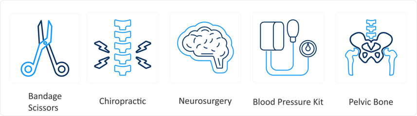 A set of 6 Medical icons as bandage scissors, chiropractic, neurosurgery