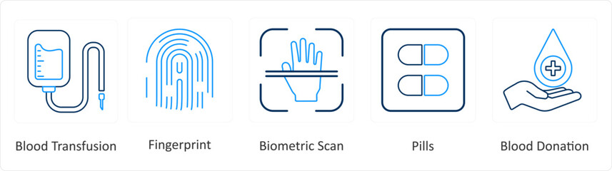 A set of 6 Medical icons as blood transfusion, fingerprint, biometric scan