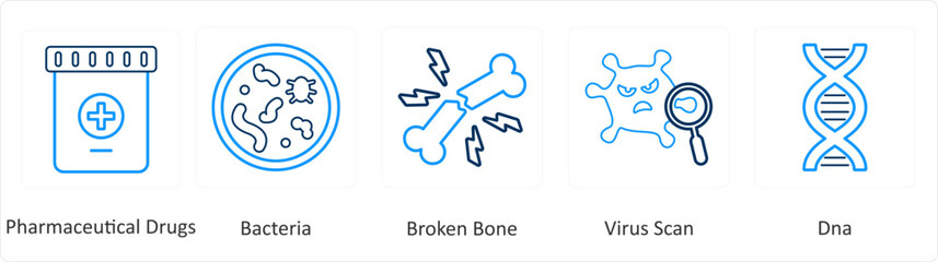 A set of 6 Medical icons as pharmaceutical drugs, bacteria, broken bone