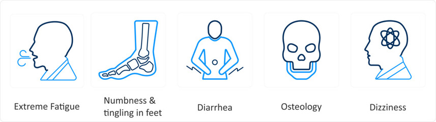 A set of 6 Medical icons as extreme fatigue, numbness and tingling in feet