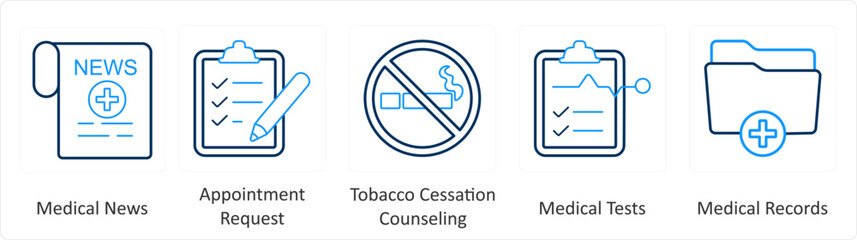 A set of 6 Medical icons as medical news, appointment request, tobacco cessation counselling