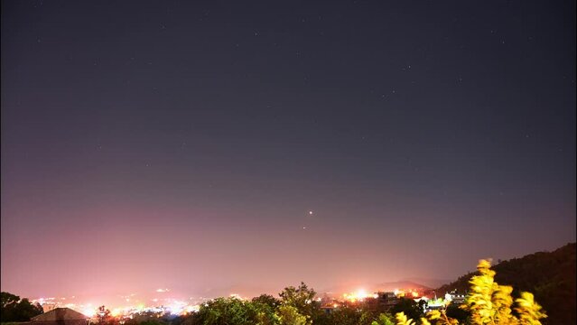 Timelapse footage of Jupiter and Venus moving in same line along with other stars
