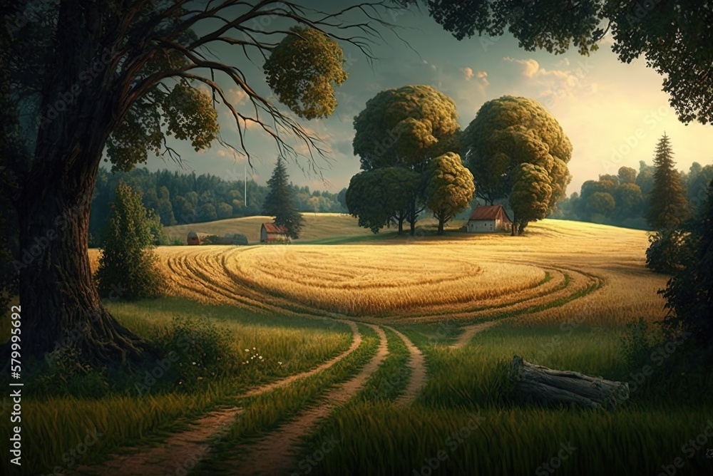 Poster countryside with trees and a field. generative ai