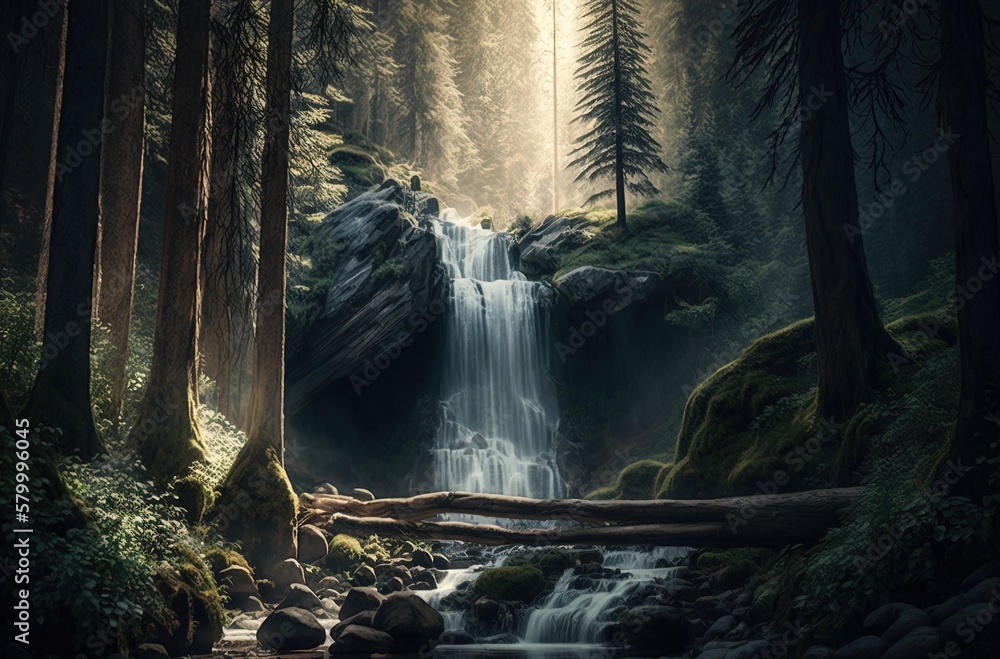 Poster Daytime waterfall in the middle of the forest. Generative AI