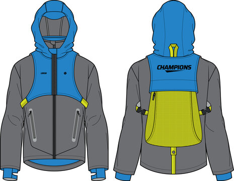 Long Sleeve Tech Shell Jacket With Detachable Hoodie Design Flat Sketch Illustration, Hooded Jacket With Back Pack Front And Back View, Winter Jacket For Men And Women. Free Runner Outerwear