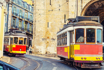Vintage Tram On The Street In Lisbon, Portugal. Famous Travel Destination.