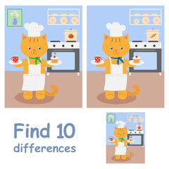 Educational game for children. Find 10 differences. Cheerful cat cook in the kitchen.