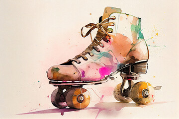 Retro roller skates drawing with bit of watercolour.