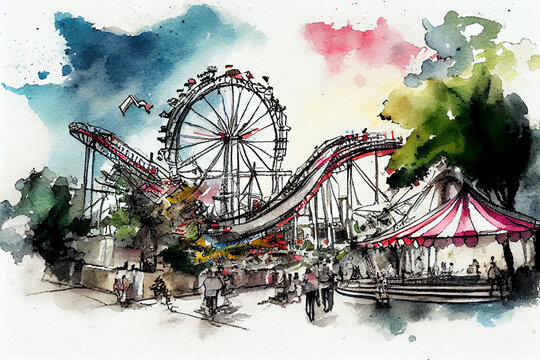 Fair with roller coasters. Amusement park drawing with bit of watercolour.