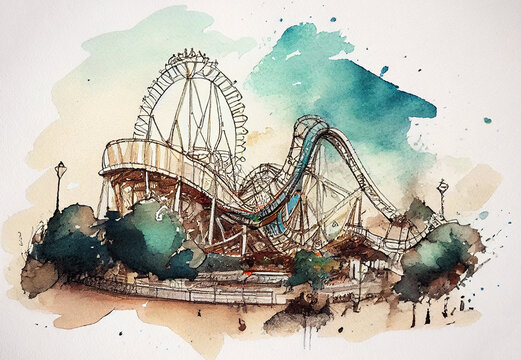 Fair with roller coasters. Amusement park drawing with bit of watercolour.