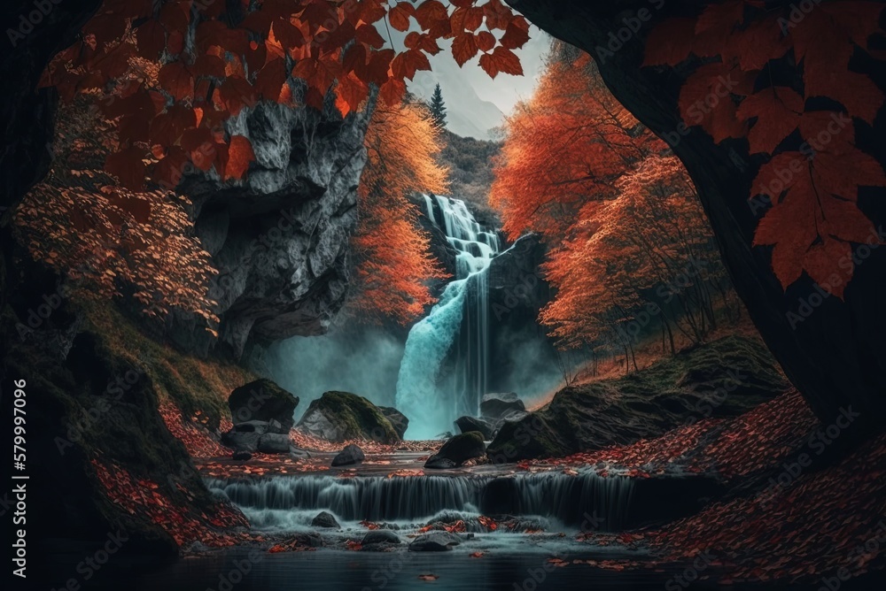 Poster stunning image of a waterfall in a forest between falling leaves generative ai