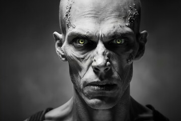Portrait of a male zombie with terrifying look isolated on grey background (AI generated)