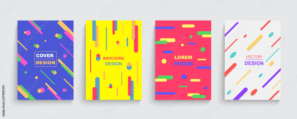 Poster Geometric graphic posters, music patterns set. Minimal colorful dots and lines in dynamic motion, book or notebook cover, brand card, creative catalog or flyer. Vector background template
