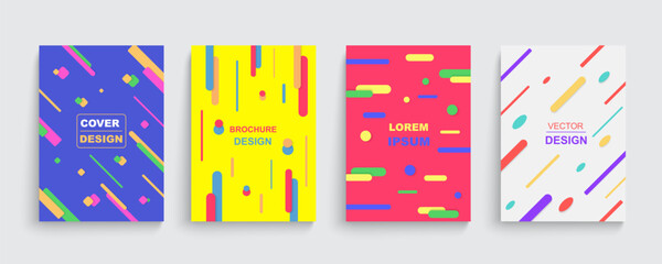 Geometric graphic posters, music patterns set. Minimal colorful dots and lines in dynamic motion, book or notebook cover, brand card, creative catalog or flyer. Vector background template