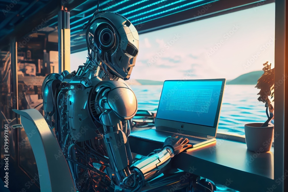 Aufkleber generative ai humanoid robot working on a laptop in a shipyard