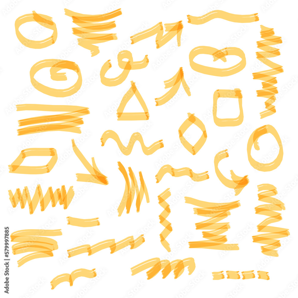 Poster marker swirls. highlighter or felt pen drawing. arrows and geometric shapes. abstract marks. doodle 