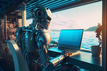 Generative AI humanoid robot working on a laptop in a shipyard