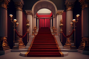 Red carpet on the stairs leading to the luxury palace. Generative AI