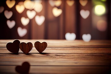 Wooden hearts on a wooden table in front of a bokeh background. Generative AI