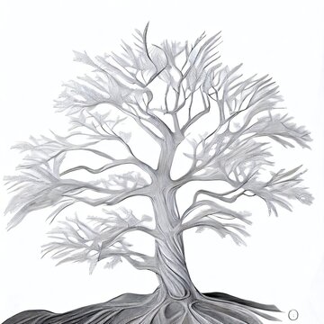 A black and white drawing of a tree with roots