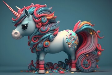 3D cute colorful unicorn cartoon. Generative AI