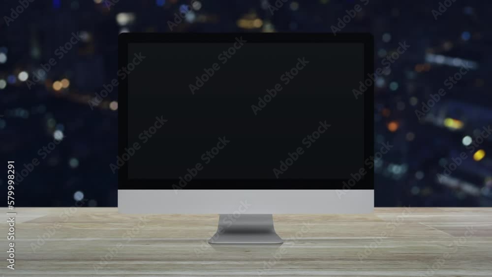 Poster microphone flat icon on desktop modern computer monitor screen on wooden table over blur colorful ni