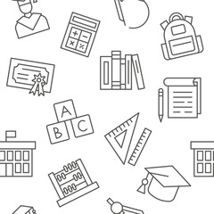 Fototapeta premium Back to school doodle pattern. Books and stationery. College education. University studying. Graduation hat. Teacher hand drawn elements. Pencil and notebook. Vector seamless background