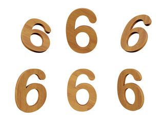 3d rendering number 6 from wooden in different positions