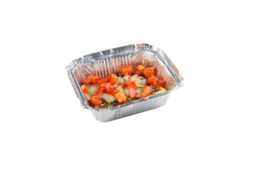 Pasta, conchiglie pasta, with a tomato and basil sauce topped with cheese in a foil takeaway tray. Healthy restaurant lunch. Daily take away meals. Baked tomatoes with low fat cheese and greens in foi