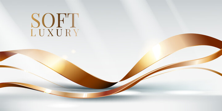 Elegant product ribbon presentation banner. Light effects. Golden holiday or luxury sale wave. Curved 3D premium flow. Metal glitter. Abstract background design. Vector realistic wallpaper