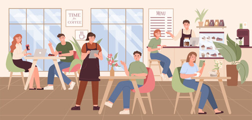 Barista works in coffee cafe, people drink. Persons with laptop computer on table, coffeehouse flat style isolated characters. Man and woman, barista and seller. Vector illustration
