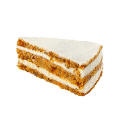 Slice of layered vanilla cake with cream isolated over white background.